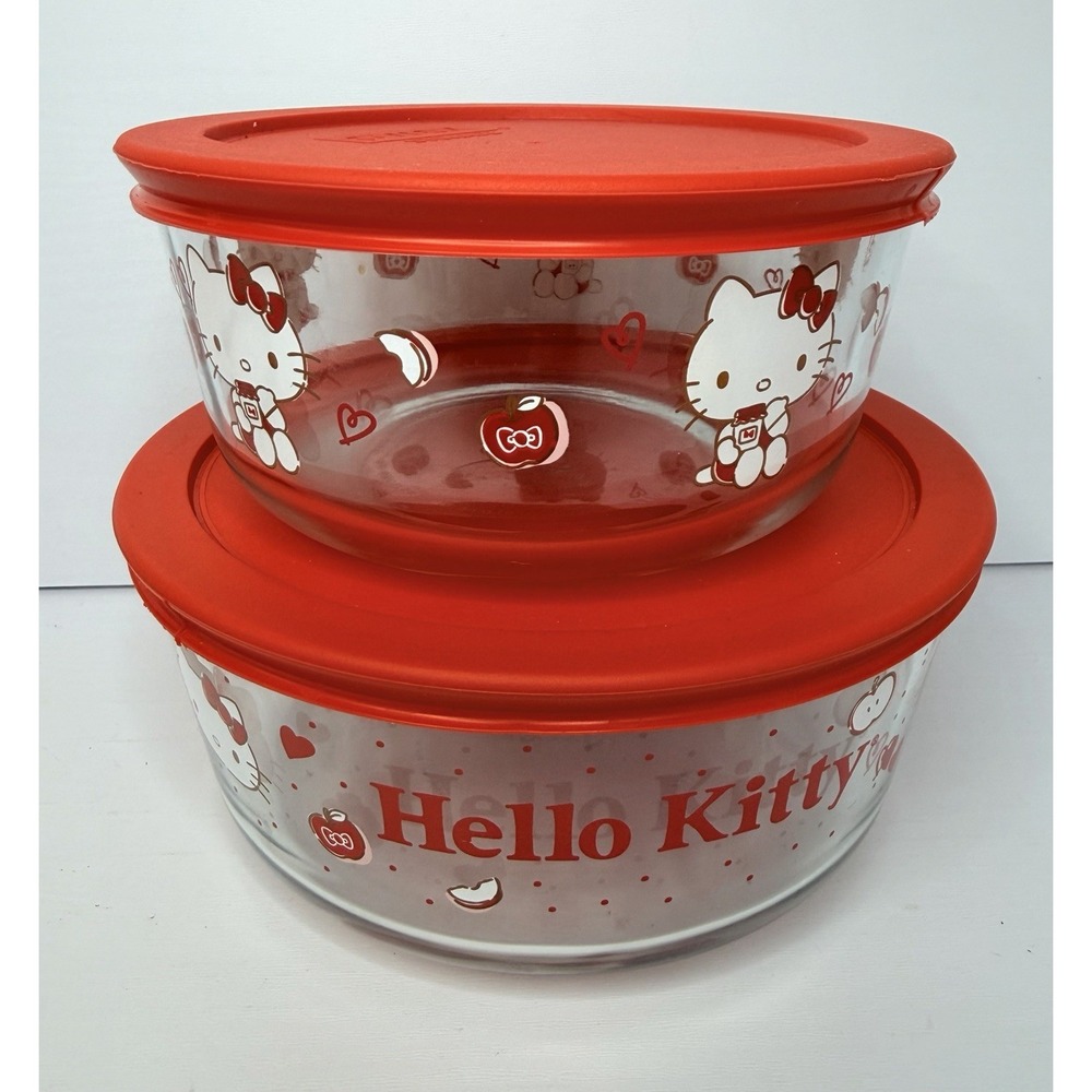 Pyrex Hello Kitty Glass Food Storage Containers Red Lids Set 4 Pcs / 2 Bowls